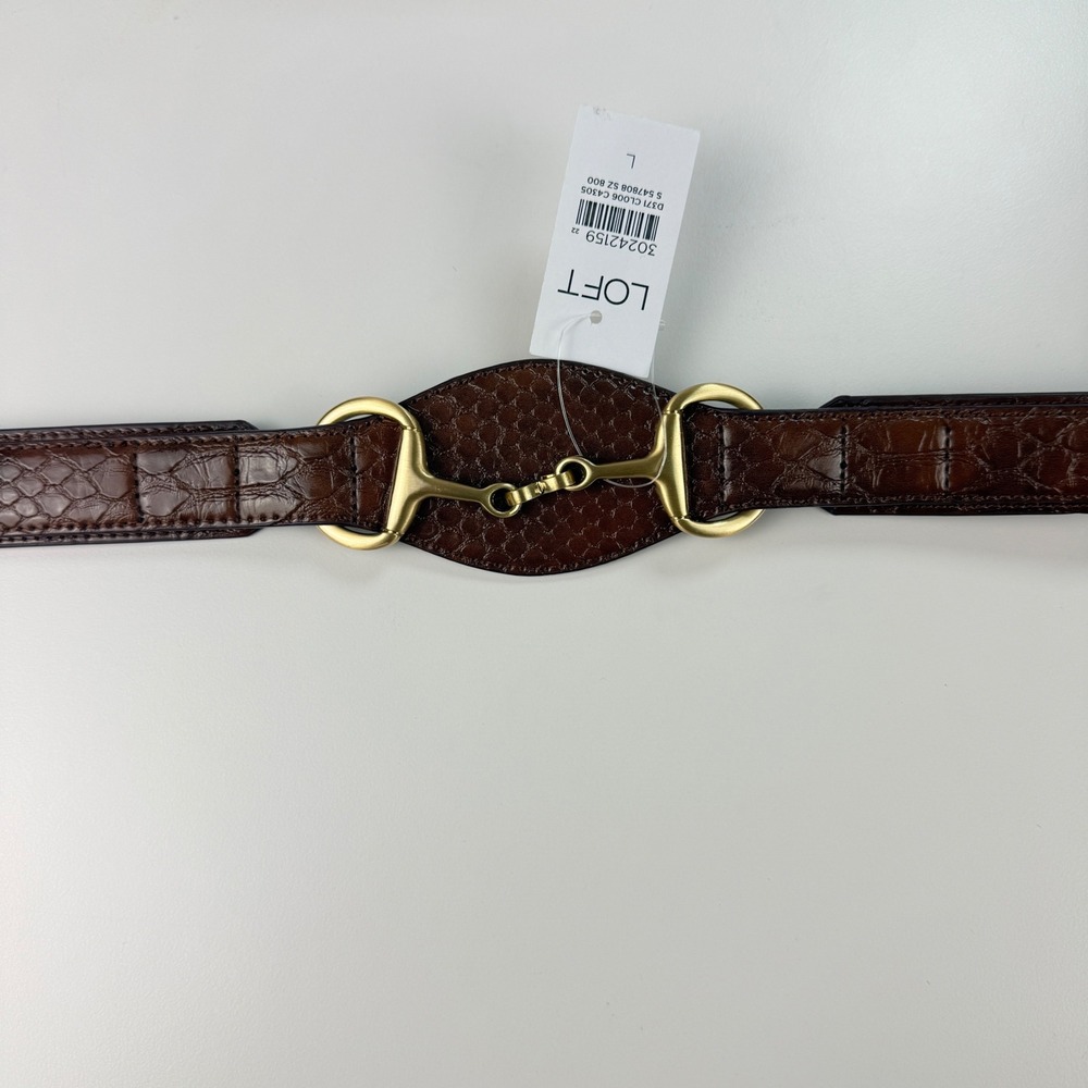 LOFT Womens Large Horsebit Waist Belt Brown Faux Croc Gold Equestrian NEW